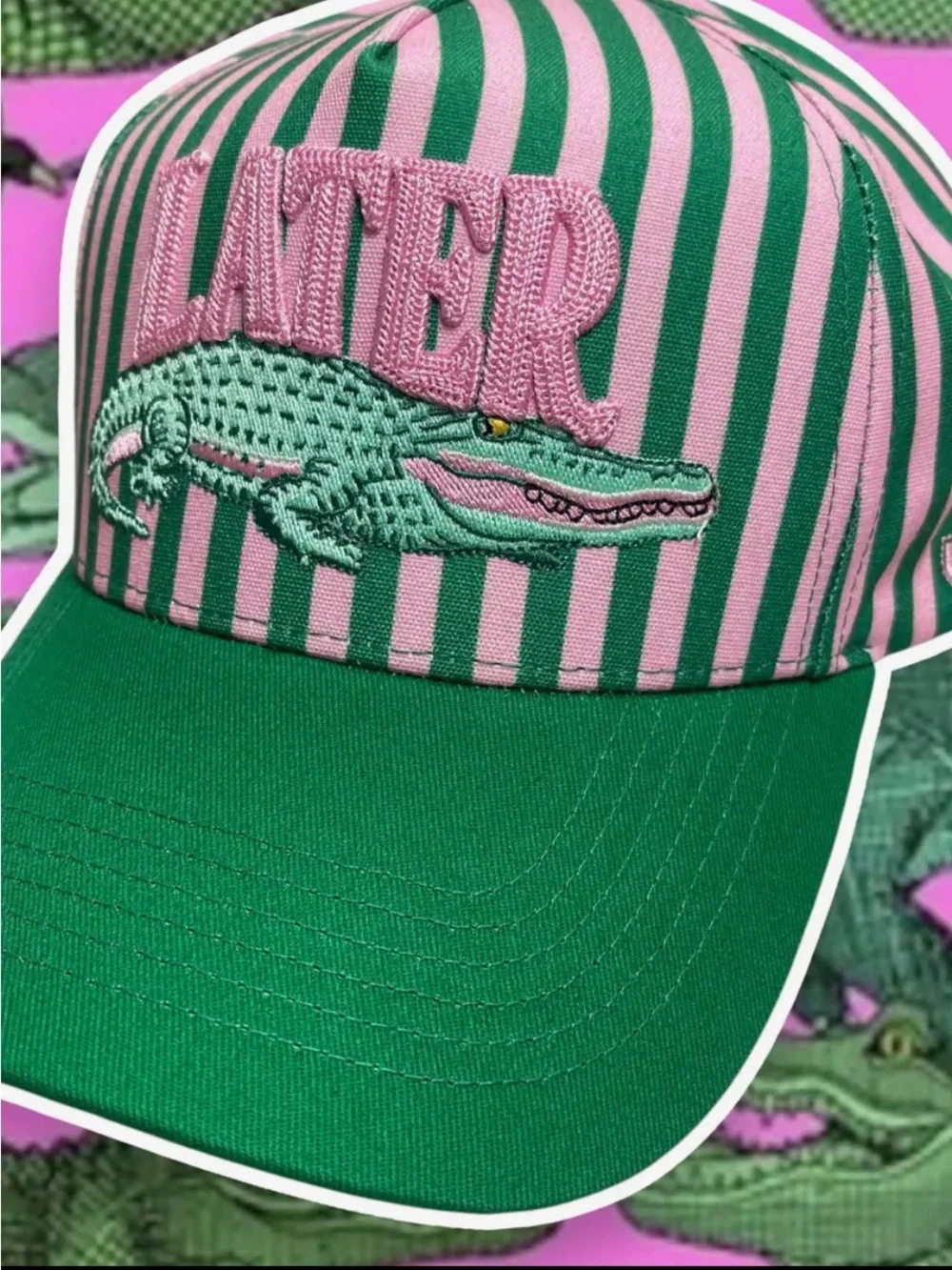 Pink & Green Striped 'LATER' Cap with Crocodile Embroidery